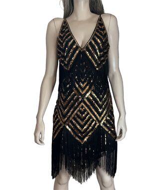 Babeyond Art Deco Flapper Dress Sequins Geometric Fringe Vintage Inspired NWOT